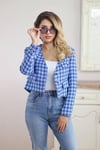 Kadın Mavi Kazayağı Astarlı Dokulu Crop Ceket