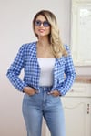 Kadın Mavi Kazayağı Astarlı Dokulu Crop Ceket