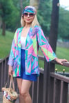 Kadın Mavi Yaprak Desen Keten Kimono