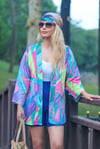 Kadın Mavi Yaprak Desen Keten Kimono