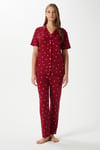Kadın Mia Yumuşak Doku Bordo Kalp Desen Ön Düğmeli Kısa Kollu Pijama Takımı