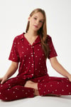 Kadın Mia Yumuşak Doku Bordo Kalp Desen Ön Düğmeli Kısa Kollu Pijama Takımı