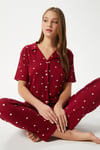 Kadın Mia Yumuşak Doku Bordo Kalp Desen Ön Düğmeli Kısa Kollu Pijama Takımı