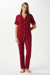 Kadın Mia Yumuşak Doku Bordo Kalp Desen Ön Düğmeli Kısa Kollu Pijama Takımı