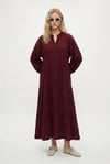Kadın Modest Linda %100 Pamuk Müslin Astarlı Balon Kol Katlı Bordo Uzun Elbise