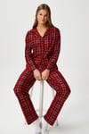 Kadın Nora Premium Kırmızı Ekose Süet Doku Düğmeli Yılbaşı Pijama Takımı