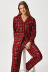 Kadın Nora Premium Kırmızı Ekose Süet Doku Düğmeli Yılbaşı Pijama Takımı