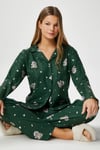 Kadın Nora Premium Yeşil Ayıcık Süet Doku Düğmeli Yılbaşı Pijama Takımı