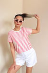 Kadın Pembe Beyaz Çizgili Basic T-Shirt