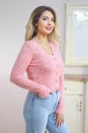 Kadın Pembe Çiçek Nakışlı Crop Triko Hırka