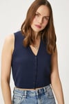 Kadın Petite Çıtçıtlı Crop Lacivert Triko Yelek
