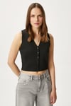 Kadın Petite Çıtçıtlı Crop Siyah Triko Yelek