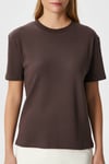 Kadın Rise Dekoratif Yaka Tok Doku %100 Pamuk Kahverengi T-Shirt