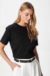 Kadın Rise Dekoratif Yaka Tok Doku %100 Pamuk Siyah T-Shirt