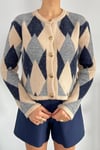 Kadın Rubis Bej Lacivert Baklava Desen Yumoş Triko Hırka