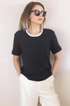 Kadın Siyah Premium Yakası Fitilli %100 Pamuk Çift Renk T-Shirt
