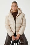 Kadın Strong Oversize Şişme Dik Kapüşonlu Krem Mont