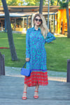 Kadın Turkuaz Desen Gömlek Yaka Tunik Elbise