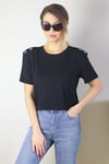 Kadın Vatkalı Omuz Düğme Detaylı Siyah T-Shirt