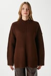 Kadın Wonder Yumuşacık Dik Yaka Kahverengi Yırtmaçlı Oversize Triko Kazak