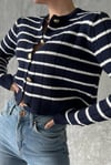 Kadın Yumuşak Dokulu Lacivert Beyaz Çizgili Crop Triko Hırka