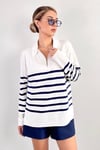 Viscose Doku Exe Premium Selection Polo Yaka Fermuarlı Ekru Lacivert Çizgili Triko Kazak