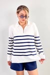 Viscose Doku Exe Premium Selection Polo Yaka Fermuarlı Ekru Lacivert Çizgili Triko Kazak