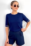 Viscose Doku Fine Premium Selection Lacivert Ekru Şerit Detaylı Yarım Kol Triko Kazak