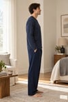 Erkek Bölme Desen V Yaka Lacivert Pijama Takımı 8204