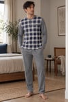Erkek Ekose Arkası Düz Patlı Gri Pijama Takımı 8219