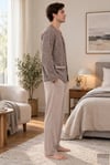 Erkek Kazayağı Desen Önden Düğmeli Bej Pijama Takımı 8210