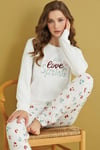 Beyaz Sonbahar Temalı Pamuklu Termal Yumuşak Pijama Takımı