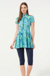 Kadın Yarı Kapalı Kısa Kollu 4 Parça Elbise Mayo Takımı (Üst, Alt, Bone, Büstiyer) Turkuaz