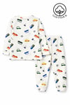 Unisex Çocuk Araba Desenli %100 Pamuk Fitilli Interlok Mevsimlik Pijama Takımı