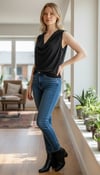 ON FASHION 26Y.ON.BLZ.71383.01 SİMLİ KUMAŞ V YAKA KOLSUZ BLUZ - SİYAH