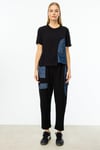ON FASHION ASİMETRİK KESİM DENİM DETAYLI KISA KOL BLUZ - SİYAH