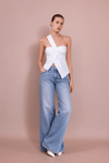 Çizgili Tek Omuz Asimetrik Ekru Bluz