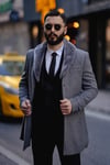 Kürk Yaka Kürkü Çıkabilir Yaka Kaşe Erkek Kaban Gri SD7773