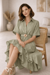 Olive Asimetrik Midi Elbise