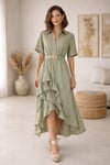 Olive Asimetrik Midi Elbise