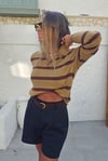 Çizgili Polo Yaka Triko Bluz
