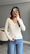 V Yaka Parmak Geçirmeli Body - Beyaz