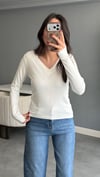 V Yaka Parmak Geçirmeli Body - Beyaz