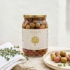 Ayolis Çizik Yeşil Zeytin XL 950 g kavanozu ve yeşil zeytin sunumu