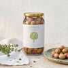 Ayolis Çizik Yeşil Zeytin L 650 g kavanozu ve yeşil zeytin sunumu