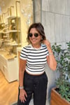 BİSİKLET YAKA ÇİZGİLİ KISA KOL CROP KAZAK