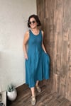 İTALYAN KOLSUZ KETEN ELBİSE - Mavi