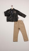 2-5 Yaş Siyah Nakışlı Deri Mont 3'lü Erkek Takım