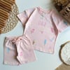 Pembe Dondurma Desenli Fırçalı Pamuklu Kumaş Şortlu Takım