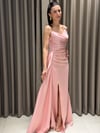 Straplez Yırtmaçlı Saten Elbise PEMBE